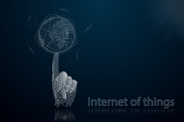 Poster - Internet of things (IOT). The concept of managing things by means of the Internet. The human hand holds on the finger of the globe surrounded by satellites.