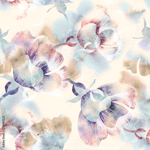 Naklejka - mata magnetyczna na lodówkę Summer Flowers Seamless Pattern. Watercolor Background.