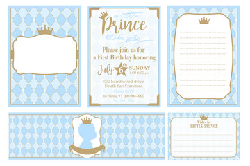 Wall Mural - A set of cute blue templates for invitations, water bottles, wishes card. Vintage gold frame with crown. A little prince party. Baby shower, birthday invite card. Arabic pattern with rhombus, diamonds