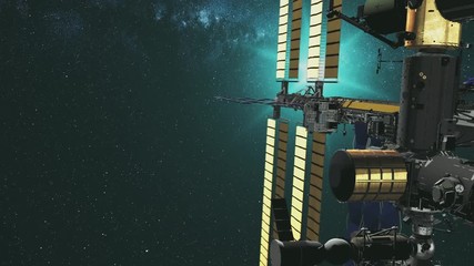 Canvas Print - motion graph modern international space station with yellow solar panels in outer space with bright 