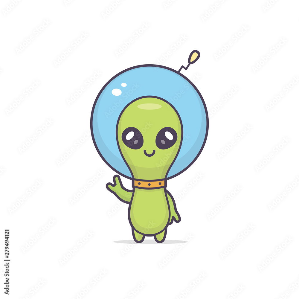 Cute friendly kawaii alien cartoon character vector illustration - obrazy, fototapety, plakaty 