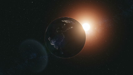 Wall Mural - rotate planet earth zoom in sun beam illuminate. celestial galaxy constellation cosmos nebula backgr