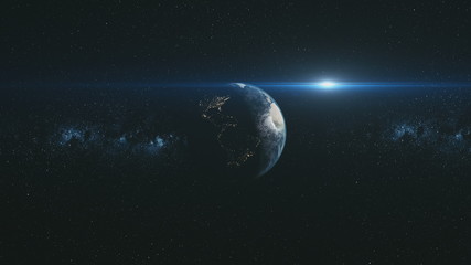 Wall Mural - spin earth orbit meteor glow starry background. planet fast motion universe celestial constellation 