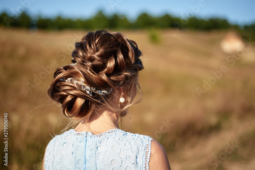 Beautiful Bride Wedding Hairstyle With Jewelry Back View Girl With Curly Hair Styling Outdoors Hairdo For Long Hair With Elegant Accessories Stock Photo Adobe Stock