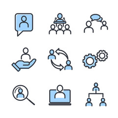 Poster - Icons Set of Team Work Related Vector Simple Line. Management line icons. Set of Business audit, Startup strategy and Employees linear icons. Business strategy, Startup and Teamwork symbols.