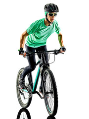 one caucasian man practicing man mountain bike bking isolated on white background with shadows