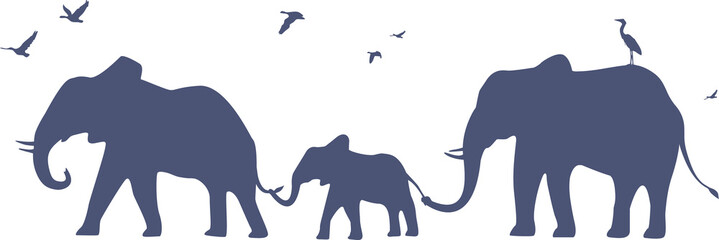 Family of elephants for a walk. Vector on white background.