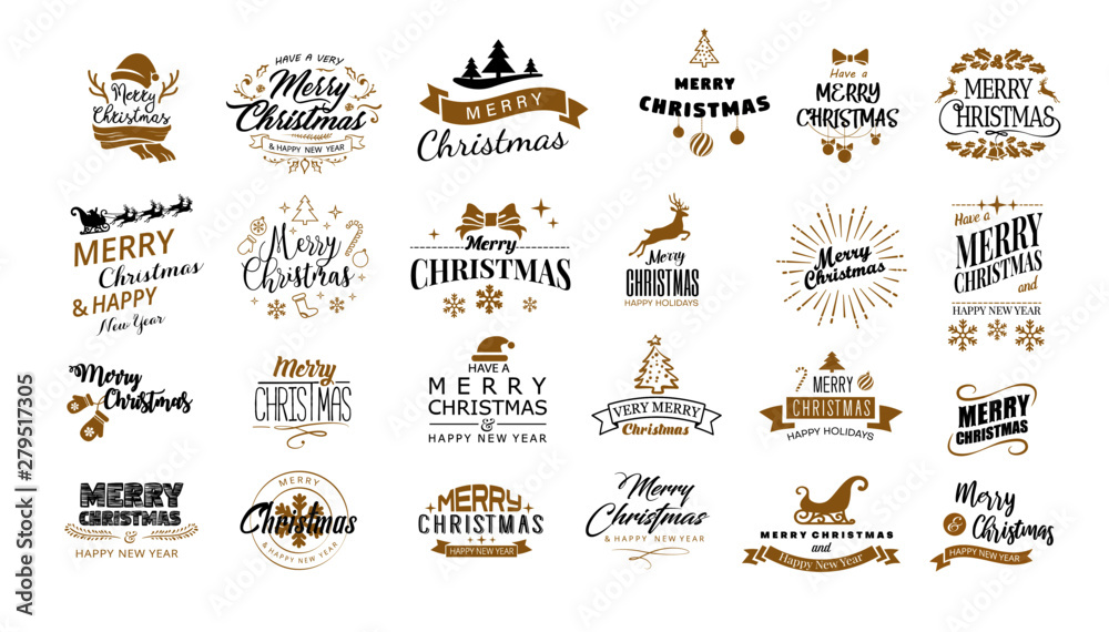 Lettering. Merry Christmas. Happy New Year, Typography set. Vector logo, emblems, text design. Usable for banners, greeting cards, gifts etc - obrazy, fototapety, plakaty 