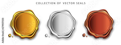 Fotografía Gold, silver, bronze stamp wax seal approval vector sealing retro label set