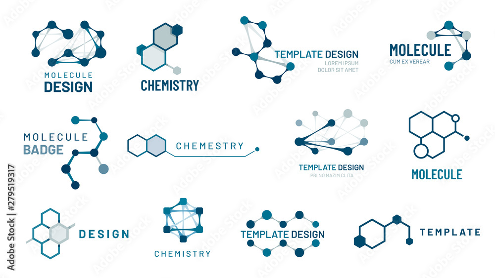 Hexagonal molecule badge. Molecular structure logo, molecular grids and chemistry hexagon molecules templates vector set - obrazy, fototapety, plakaty 