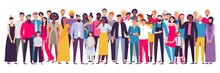 Multiethnic Group Of People. Society, Multicultural Community Portrait And Citizens. Young, Adult And Elder People Vector Illustration