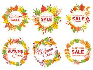 Poster - Autumn sale badges. Fall season sales, autumnal yellow leaves frame and september discount banners vector set