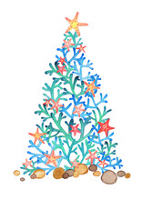 Coral Christmas Tree With Starfish Watercolor Hand Painting On White Background For Decoration On Summer Holiday.