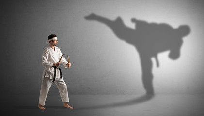 Wall Mural - Young karate man confronting with his own shadow