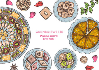 Oriental sweets vector illustration, top view. Middle eastern food, hand drawn. Colorful design template. Food menu background.