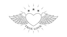 Heart With Wings Of A Star And Rays With Text. Black And White Illustration On The Theme Of Love
