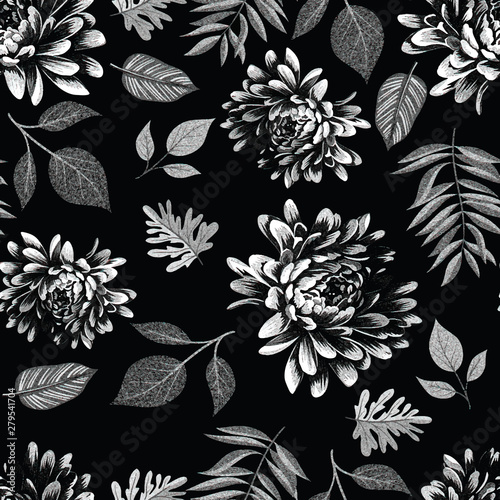hand draw seamless pattern flower with leaves colored