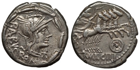 Wall Mural - Rome Roman Republic silver coin denarius 125 BC, helmeted head of Rome right, Jupiter and Victoria in chariot pulled by four horses, round symbol of denomination below,