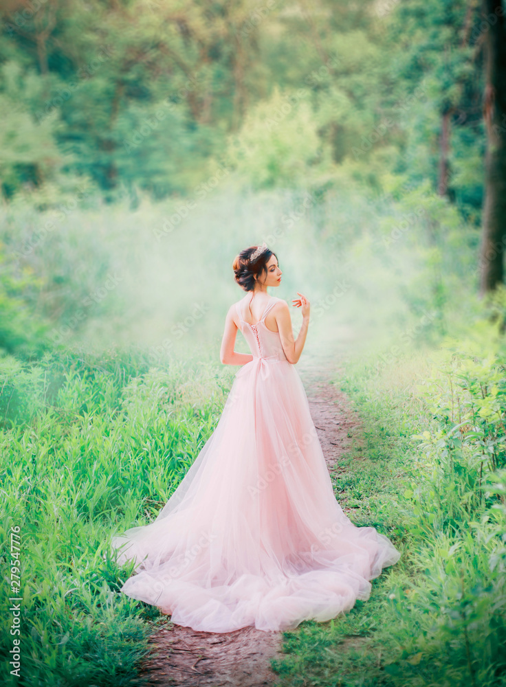 cute anime princess with open bare back to camera, slender charming lady in  long light pink
