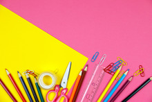 School Supplies On Color Background. Back To School Concept Flatlay. Items For The School.