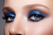 Closeup Macro of Woman Face with Blue Eyes Make-up. Fashion Celebrate Makeup, Glowy Clean Skin, perfect Shapes of Brows