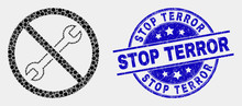 Dot Forbidden Repair Mosaic Icon And Stop Terror Seal Stamp. Blue Vector Rounded Grunge Seal Stamp With Stop Terror Caption. Vector Combination In Flat Style.