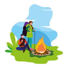 Canvas Print - man and woman with bonfire camping hiking landscape