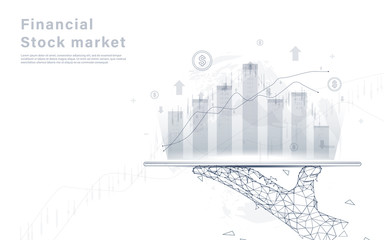 Poster - Stock exchange market graph analysis background. Hand holding tablet on world map