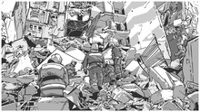 Illustration Of Fire Fighters At Collapsed Building Due To Earthquake, Natural Disaster, Explosion, Fire 