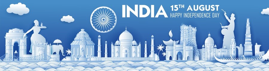 Wall Mural - illustration of Famous Indian monument and Landmark for Happy Independence Day of India