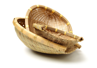 Bamboo basket hand made isolated on white background. Woven from bamboo tray.