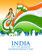 Wall Mural - illustration of Mother India with Famous Indian monument and Landmark for Happy Independence Day of India