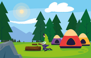 Poster - man camping tent forest tents trees field