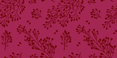  Christmas seamless pattern for festival Crimson background design. Winter sale fair branding. New Year celebration greeting card. Pine cone xmas branches with leaves isolated fir on Crimson color