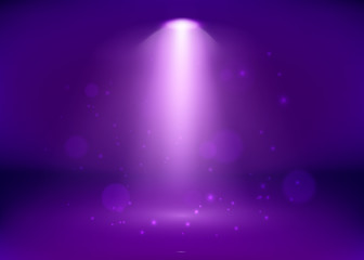 Wall Mural - empty purple studio and spotlight. bright shiny rays and glitter elements. vector illustration