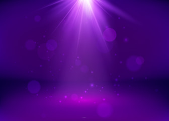 Wall Mural - empty purple studio and spotlight. bright shiny beads and glitter elements. vector illustration