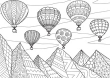 Line Art Drawing With Editable Stroke Width Of Beautiful Hot Air Balloons Flying Above Mountains In Summer For Printing On Anything Or Adult Coloring Book Or Coloring Page. Vector Illustration.