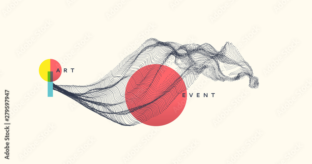 Abstract art in Japanese style. Array with dynamic emitted particles. Water splash imitation. Modern science background. Vector illustration. - obrazy, fototapety, plakaty 