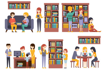 Poster - Library And Bookstore With People REading Choosing Books