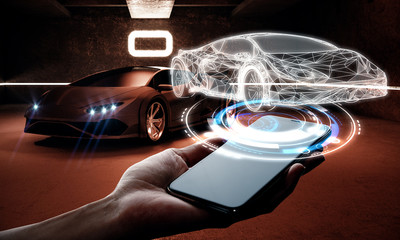 Wall Mural - Hand with smartphone and car hologram