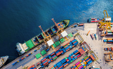 Logistics And Transportation Of Container Cargo Ship And Cargo Import/export And Business Logistics, Shipping , Top View ,Aerial View From Drone