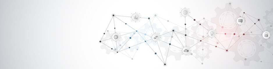 Poster - Website header or banner design with abstract technical background and connecting dots and lines. Digital technology and communication concept with flat icons.