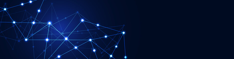 Fototapete - Website header or banner design with abstract geometric background and connecting dots and lines. Global network connection. Digital technology with plexus background and space for your text.