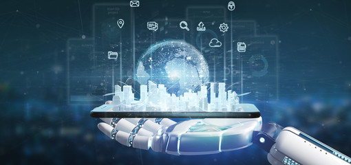 Poster - Cyborg hand holding Smart city user interface with icon, stats and data 3d rendering