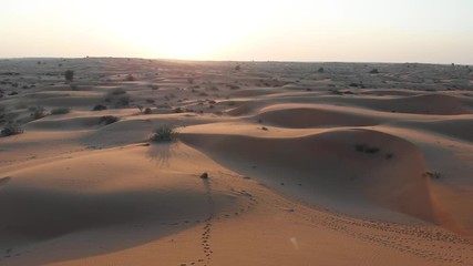 Wall Mural - Woman walking in the desert at sunset aerial