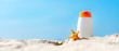 Protective sunscreen or sunblock and sunbath lotion for healthy care skin woman in white plastic bottles with starfish on tropical beach, summer accessories in holiday, copy space for text banner.  