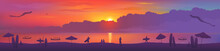 Typical Sunset View Of Bali Island Kuta Beach With Kites, Surfing Boards, Beach Umbrellas, Fishing Boats And Surfers Silhouettes.Vector Banner Illustration
