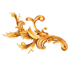 Wall Mural - Watercolor golden baroque floral curl, rococo ornament element. Hand drawn gold scroll,