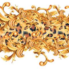 Wall Mural - Watercolor seamless border with animal print. Golden baroque rococo ornament pattern.