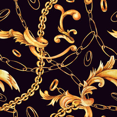 Wall Mural - Watercolor golden baroque seamless pattern with gold chains and rings, rococo ornament texture